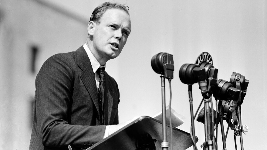 Charles Lindbergh standing at a podium during an America First Committee rally